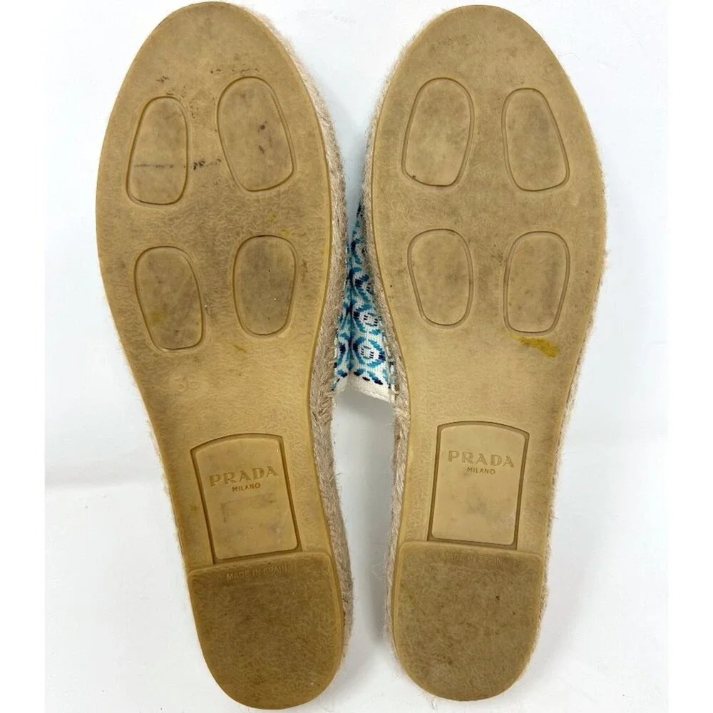 Prada Blue Embroidered Logo Pattern‎ Espadrille Slides Size 38